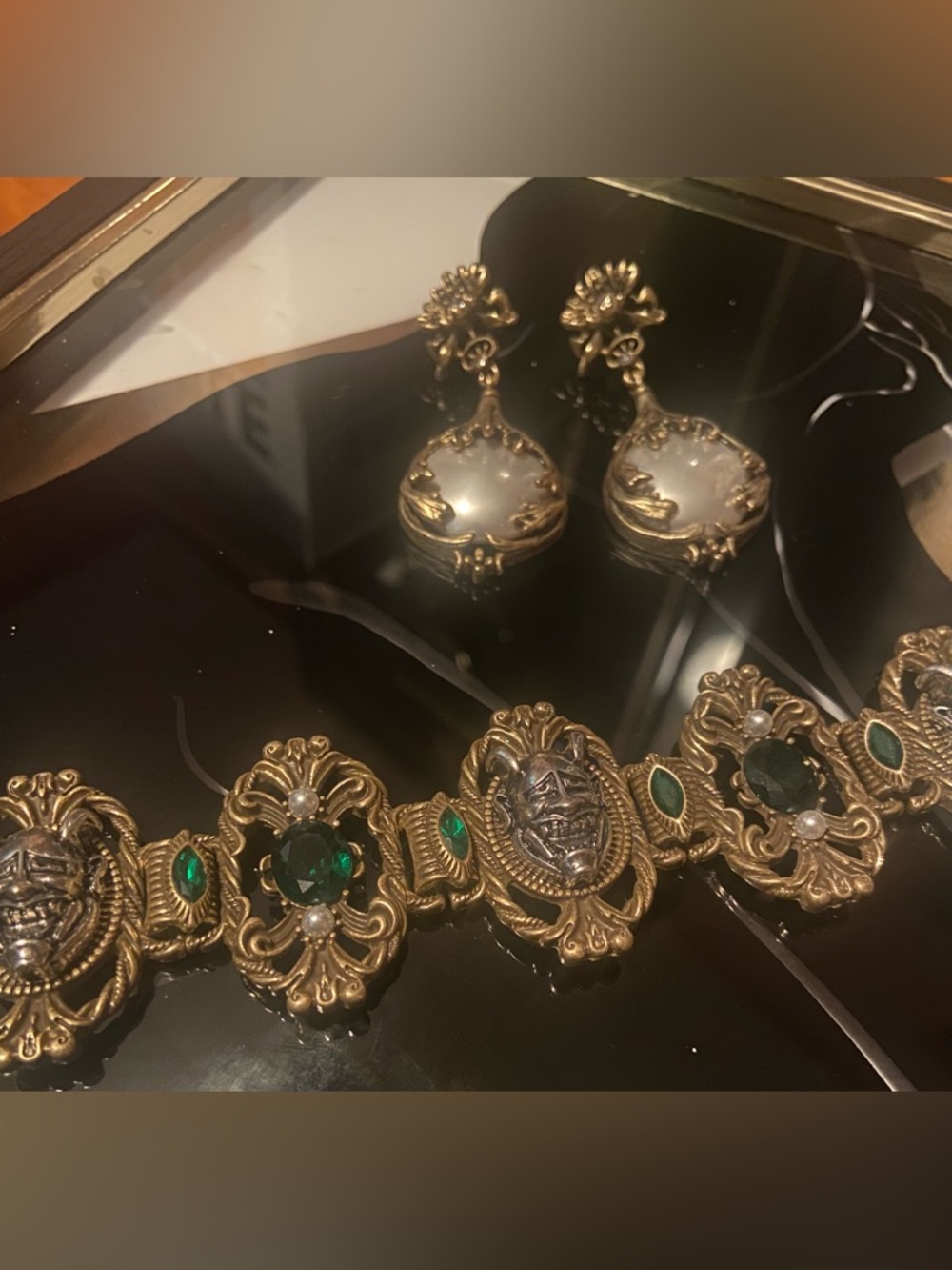 Vintage Antique Gold Statement Bracelet with Green Stones and Antique Gold Ear
